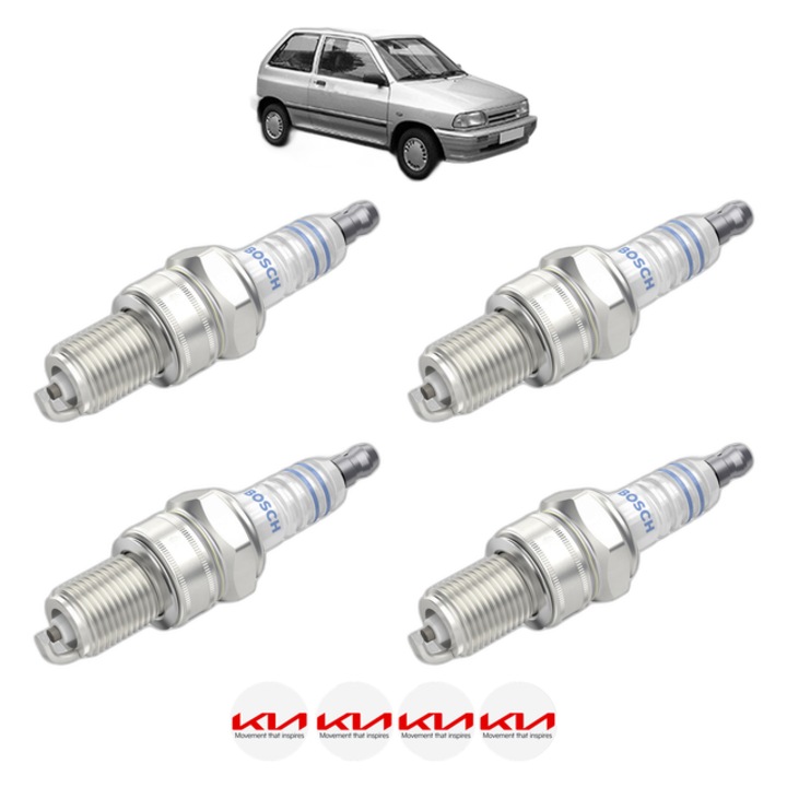 Set 4 Bujii Scanteie KIA PRIDE (DA) 1.3 60 CP din 1990 - 2000, bujie motor, Bosch, 4x Stickere auto cu KIA