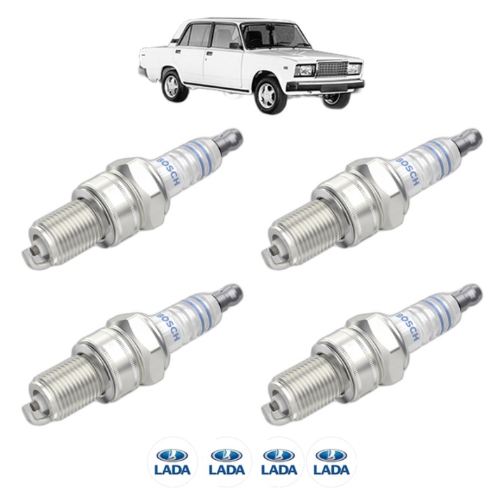 Set 4 Bujii Scanteie LADA TOSCANA (2107) 1500 75 CP din 1983 - 1993, bujie motor, Bosch, 4x Stickere auto cu LADA