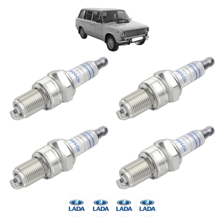 Set 4 Bujii Scanteie LADA 1200-1500 Estate 1200 (2102) 60 CP din 1973 - 1984, bujie motor, Bosch, 4x Stickere auto cu LADA