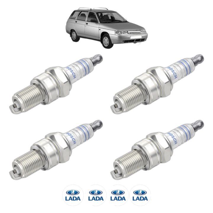 Set 4 Bujii Scanteie LADA 111 (2111) 1.5 76 CP din 2000 - 2009, bujie motor, Bosch, 4x Stickere auto cu LADA