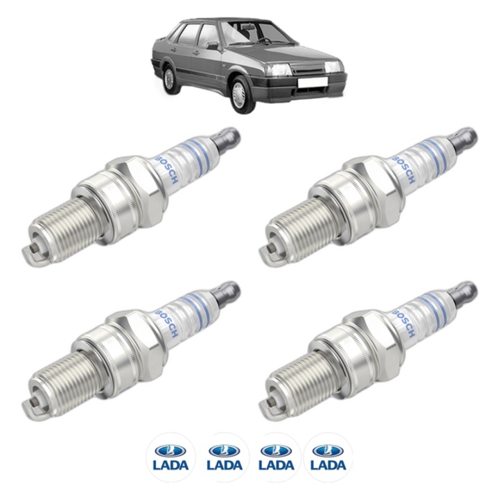 Set 4 Bujii Scanteie LADA SAMARA Saloon (21099, 2115) 1100 53 CP din 1991 - 1999, bujie motor, Bosch, 4x Stickere auto cu LADA