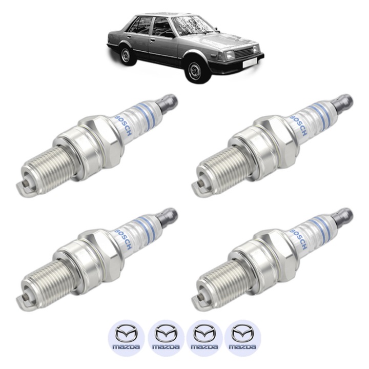 Set 4 Bujii Scanteie MAZDA 323 II Saloon (BD) 1.1 (BD101) 54 CP din 1980 - 1985, bujie motor, Bosch, 4x Stickere auto cu MAZDA
