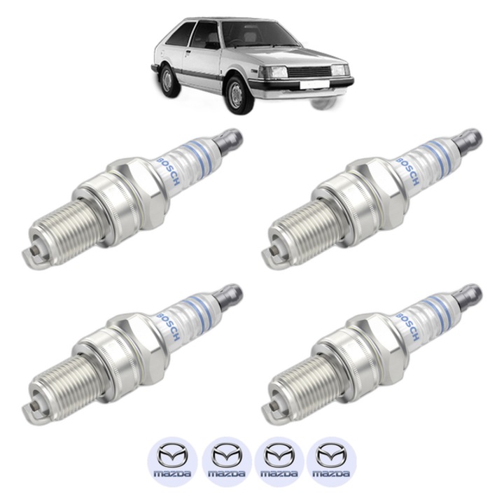 Set 4 Bujii Scanteie MAZDA 323 II Hatchback (BD) 1.5 (BD105) 75 CP din 1981 - 1985, bujie motor, Bosch, 4x Stickere auto cu MAZDA