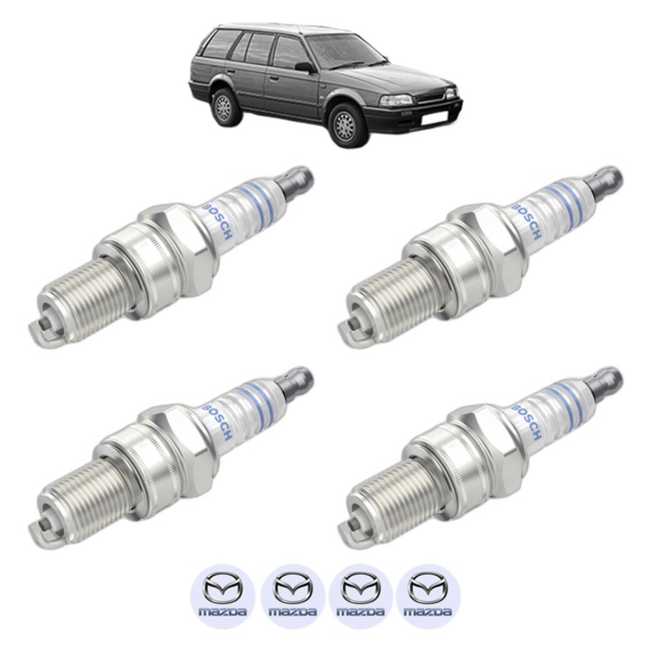 Set 4 Bujii Scanteie MAZDA 323 III Station Wagon (BW) 1.6 (BW106) 86 CP din 1986 - 1995, bujie motor, Bosch, 4x Stickere auto cu MAZDA