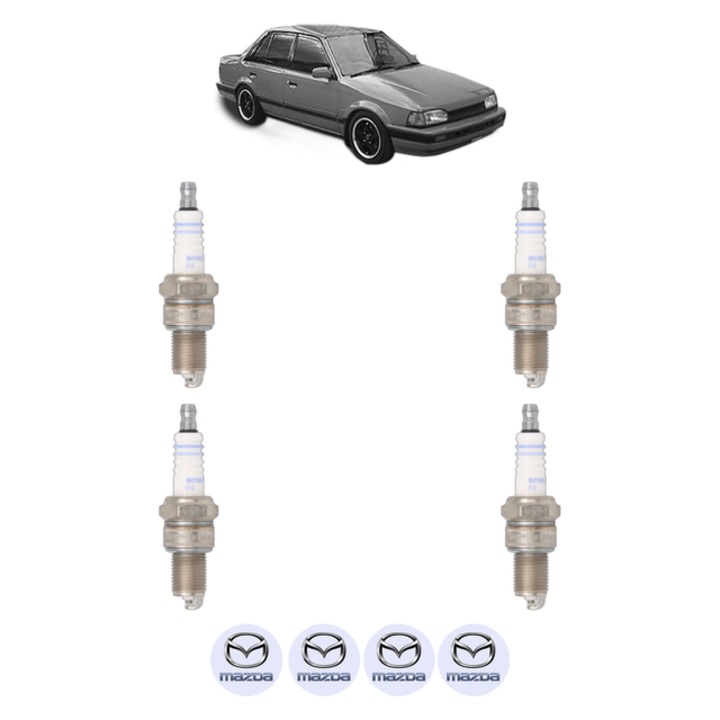 Set 4 Bujii Scanteie MAZDA 323 III Saloon (BF) 1.1 55 CP din 1985 - 1990, bujie motor, Bosch, 4x Stickere auto cu MAZDA