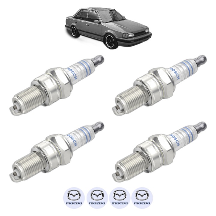 Set 4 Bujii Scanteie MAZDA 323 III Saloon (BF) 1.3 (BF103) 60 CP din 1985 - 1989, bujie motor, Bosch, 4x Stickere auto cu MAZDA