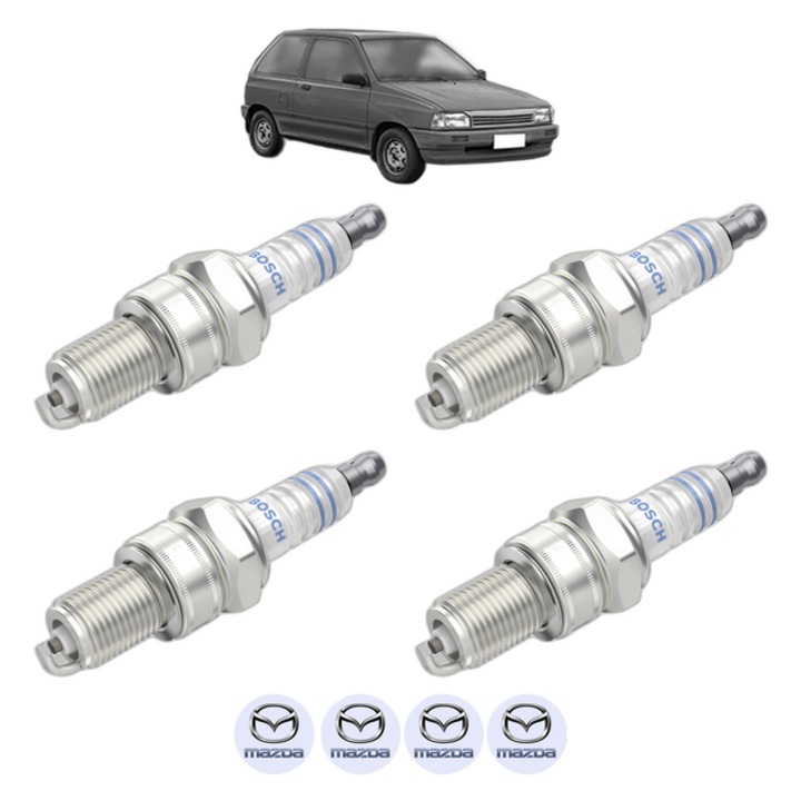 Set 4 Bujii Scanteie MAZDA 121 I (DA) 1.1 (DA101) 57 CP din 1987 - 1990, bujie motor, Bosch, 4x Stickere auto cu MAZDA