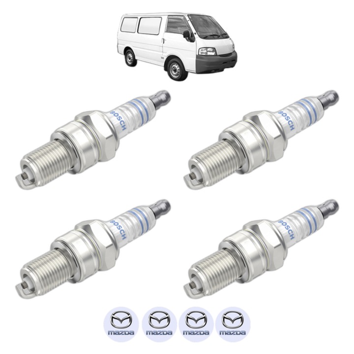 Set 4 Bujii Scanteie MAZDA E Van (SR2) E2000 4WD 86 CP din 1987 - 1989, bujie motor, Bosch, 4x Stickere auto cu MAZDA
