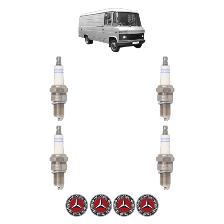 Set 4 Bujii Scanteie MERCEDES-BENZ T2/L Van L 408 G (309.012, 309.013, 309.014, 309.015, 309.016,... 85 CP din 1972 - 1974, bujie motor, Bosch, 4x Stickere auto cu MERCEDES-BENZ