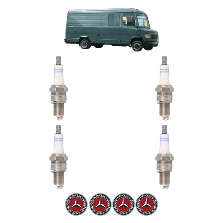 Set 4 Bujii Scanteie MERCEDES-BENZ T2/L Municipal Vehicle LF 408 G (309.050, 309.051, 309.052, 309.053, 309.054,... 85 CP din 1972 - 1974, bujie motor, Bosch, 4x Stickere auto cu MERCEDES-BENZ