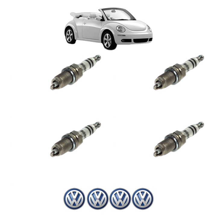 Set 4 Bujii Scanteie Volkswagen NEW BEETLE Convertible (1Y7) 2.5 150 CP din 2005 - 2010, bujie motor, Bosch, 4x Stickere auto cu Volkswagen