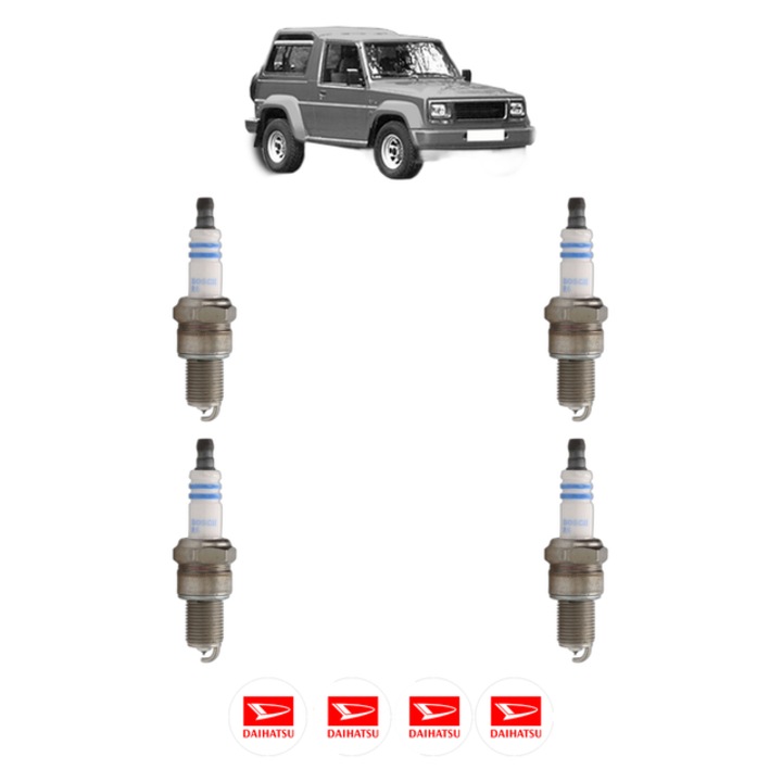 Set 4 Bujii Scanteie DAIHATSU ROCKY Hard Top (F7, F8) 2.0 4x4 (F70, F75, F80, F85) 88 CP din 1985 - 1993, bujie motor, Bosch, 4x Stickere auto cu DAIHATSU
