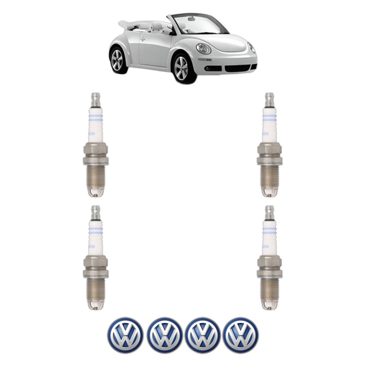 Set 4 Bujii Scanteie Volkswagen NEW BEETLE Convertible (1Y7) 1.6 102 CP din 2003 - 2010, bujie motor, Bosch, 4x Stickere auto cu Volkswagen