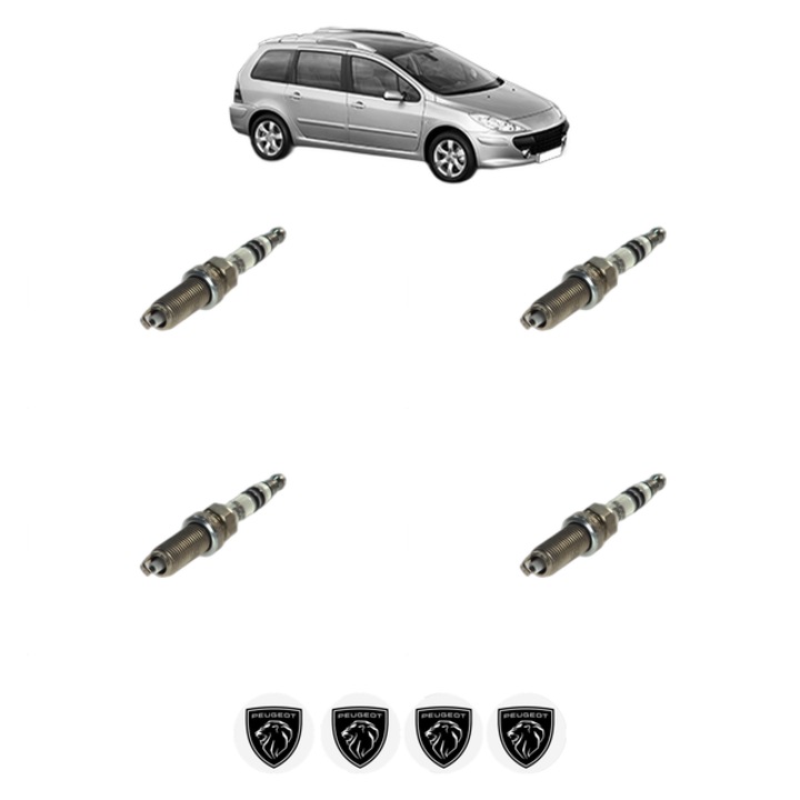 Set 4 Bujii Scanteie PEUGEOT 307 SW (3H) 1.4 16V 88 CP din 2003 - 2007, bujie motor, Bosch, 4x Stickere auto cu PEUGEOT
