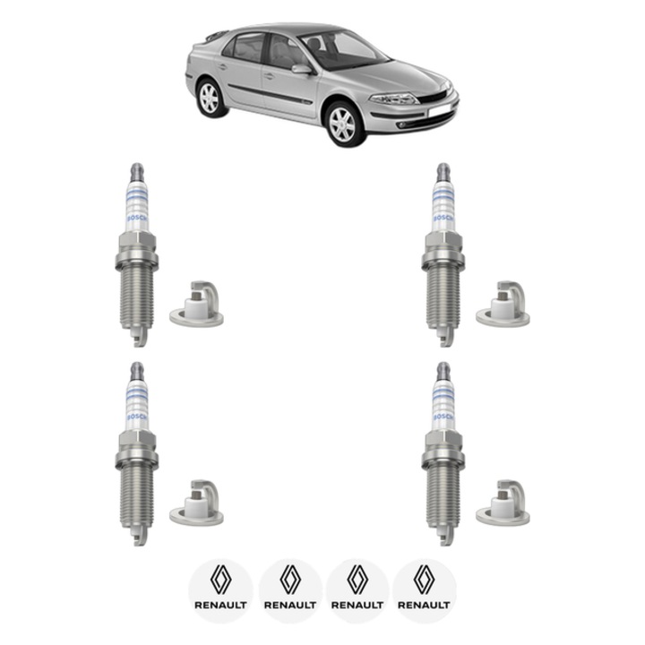 Set 4 Bujii Scanteie RENAULT LAGUNA II (BG0/1_) 2.0 16V IDE (BG0N) 140 CP din 2001 - 2007, bujie motor, Bosch, 4x Stickere auto cu RENAULT