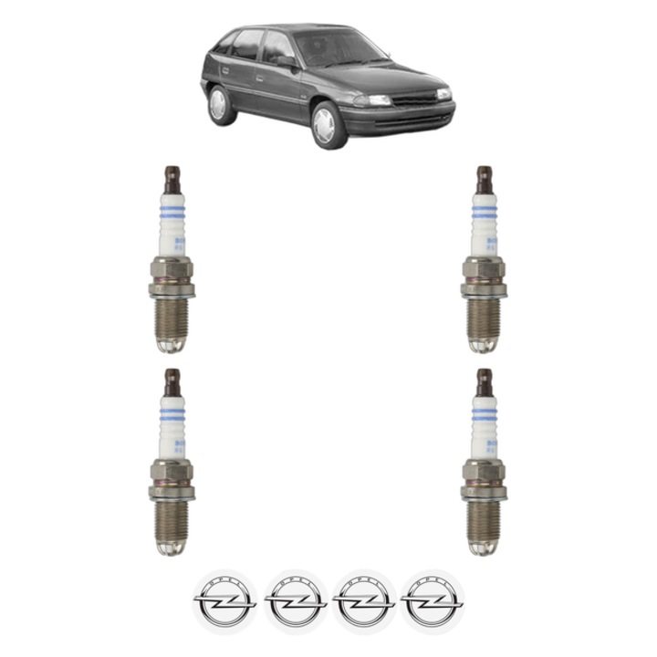 Set 4 Bujii Scanteie OPEL ASTRA F CLASSIC Hatchback (T92) 1.6 i 16V (F08, M08, F68, M68) 101 CP din 1998 - 2002, bujie motor, Bosch, 4x Stickere auto cu OPEL