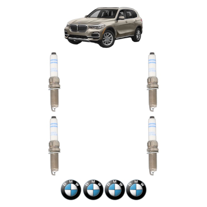 Set 4 Bujii Scanteie BMW Seria X5 Van (G05) xDrive 40 i 340 CP din 2019 - 2023, bujie motor, Bosch, 4x Stickere auto cu BMW