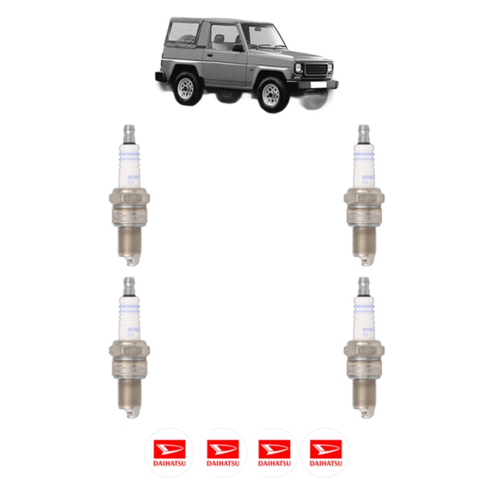 Set 4 Bujii Scanteie DAIHATSU ROCKY Soft Top (F7, F8) 2.0 (F70, F75, F80, F85) 88 CP din 1985 - 1993, bujie motor, Bosch, 4x Stickere auto cu DAIHATSU
