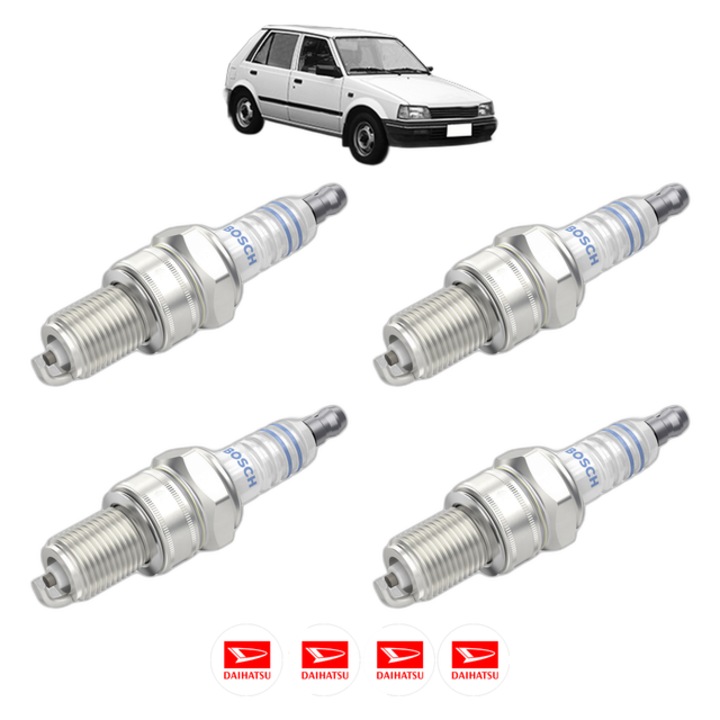 Set 4 Bujii Scanteie DAIHATSU CHARADE II (G11, G30) 1.0 Turbo (G11, G11R) 68 CP din 1983 - 1987, bujie motor, Bosch, 4x Stickere auto cu DAIHATSU