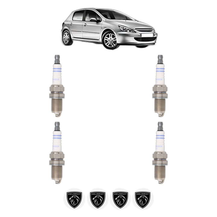Set 4 Bujii Scanteie PEUGEOT 307 (3A/C) 1.4 75 CP din 2000 - 2003, bujie motor, Bosch, 4x Stickere auto cu PEUGEOT