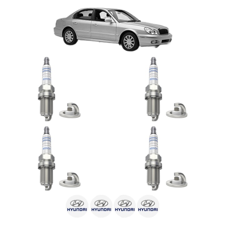 Set 4 Bujii Scanteie HYUNDAI SONATA IV (EF) 2.5 V6 24V 160 CP din 1998 - 2001, bujie motor, Bosch, 4x Stickere auto cu HYUNDAI