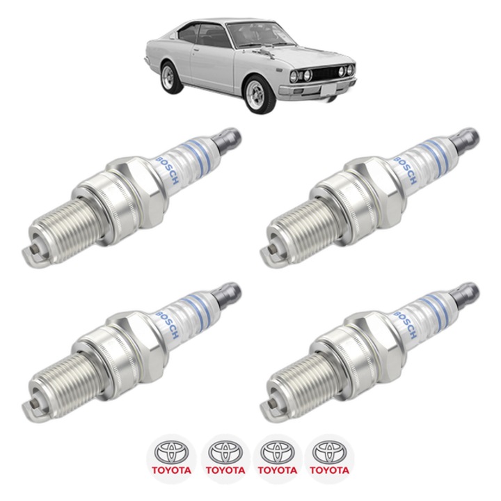 Set 4 Bujii Scanteie TOYOTA CARINA II (TA4_, TA6_) 1.8 (TA62_, TA62) 78 CP din 1978 - 1983, bujie motor, Bosch, 4x Stickere auto cu TOYOTA