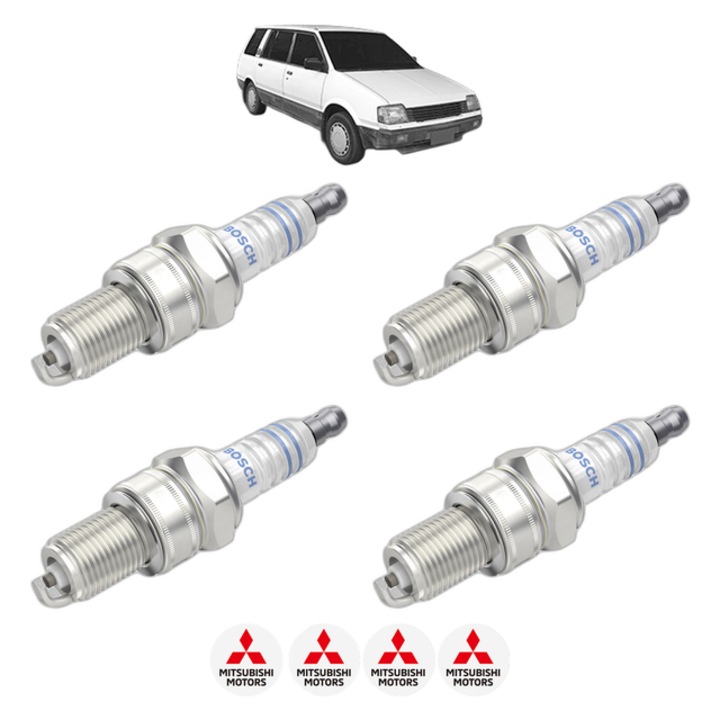 Set 4 Bujii Scanteie MITSUBISHI SPACE WAGON VAN (D0_V/W) 1.8 (D05V) 90 CP din 1986 - 1988, bujie motor, Bosch, 4x Stickere auto cu MITSUBISHI