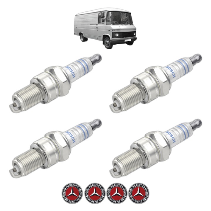 Set 4 Bujii Scanteie MERCEDES-BENZ T2/L Van L 409 (309.011, 309.012, 309.013, 309.014, 309.015,... 90 CP din 1975 - 1982, bujie motor, Bosch, 4x Stickere auto cu MERCEDES-BENZ
