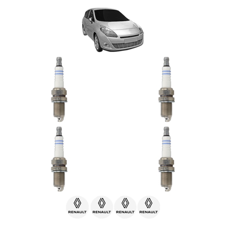 Set 4 Bujii Scanteie RENAULT SCENIC III VAN (JZ0/1_) 1.6 VVT (JZ0U, JZ1B, JZ1H, JZ1U, JZ24) 110 CP din 2013 - 2016, bujie motor, Bosch, 4x Stickere auto cu RENAULT