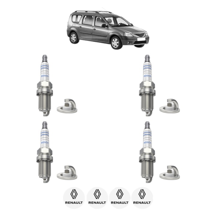Set 4 Bujii Scanteie RENAULT LOGAN I Estate (KS_) 1.6 (KS0L, KS0M, KS0P, KS1S) 105 CP din 2007, bujie motor, Bosch, 4x Stickere auto cu RENAULT