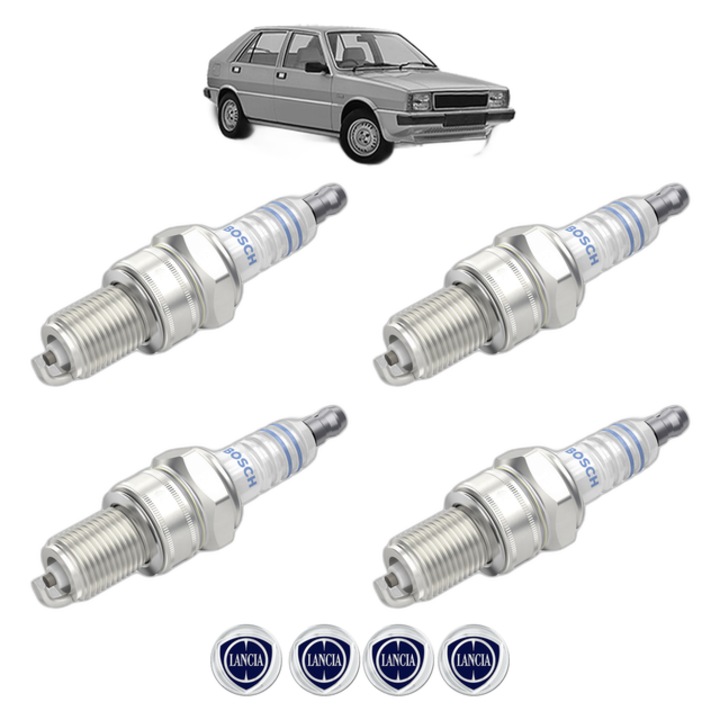 Set 4 Bujii Scanteie LANCIA DELTA I (831_) 1.1 (831AB.015) 64 CP din 1986 - 1990, bujie motor, Bosch, 4x Stickere auto cu LANCIA