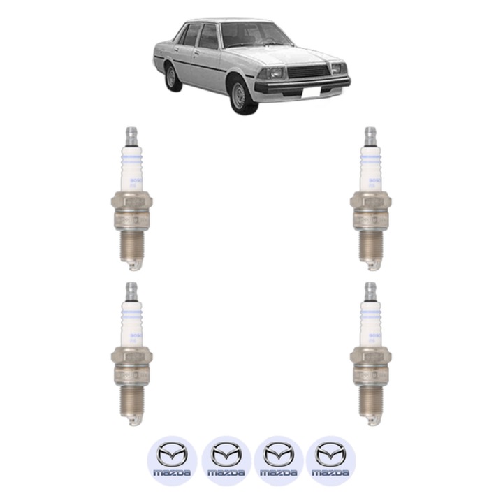Set 4 Bujii Scanteie MAZDA 626 I (CB) 1.6 (CB2NS) 75 CP din 1979 - 1982, bujie motor, Bosch, 4x Stickere auto cu MAZDA