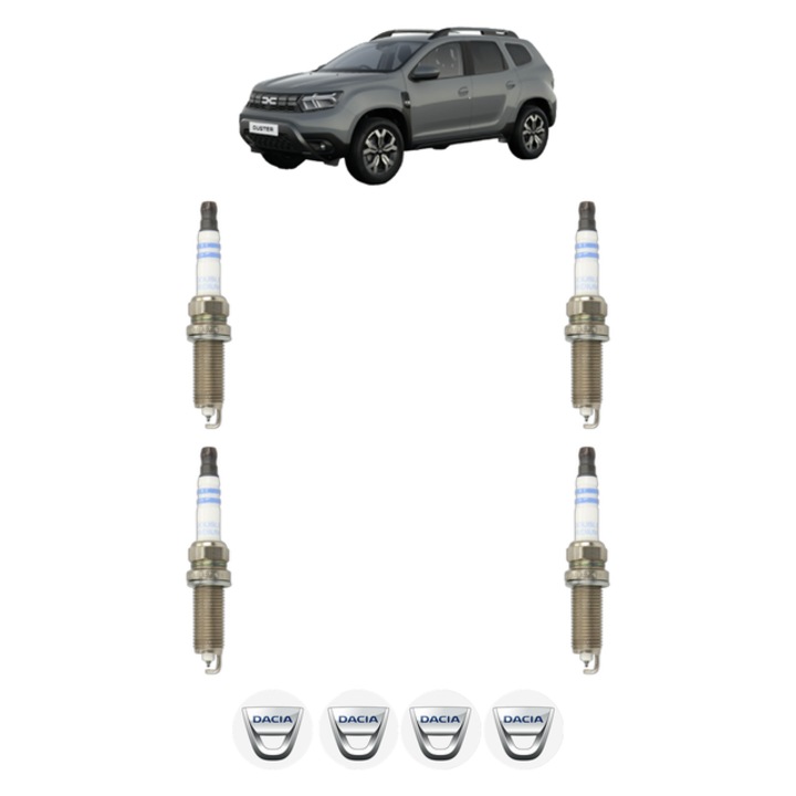Set 4 Bujii Scanteie DACIA DUSTER (PYM_, PYN_) 1.6 HYBRID 140 141 CP din 2023, bujie motor, Bosch, 4x Stickere auto cu DACIA