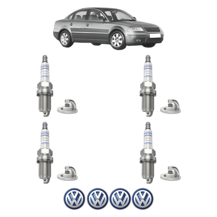 Set 4 Bujii Scanteie Volkswagen PASSAT B5.5 (3B3) 2.0 130 CP din 2001 - 2005, bujie motor, Bosch, 4x Stickere auto cu Volkswagen