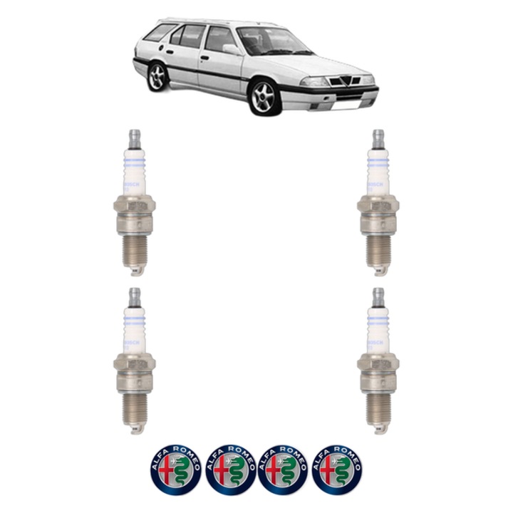 Set 4 Bujii Scanteie ALFA ROMEO 33 Sportwagon (907_) 1.4 i.e. (907B3B) 90 CP din 1991 - 1994, bujie motor, Bosch, 4x Stickere auto cu ALFA ROMEO