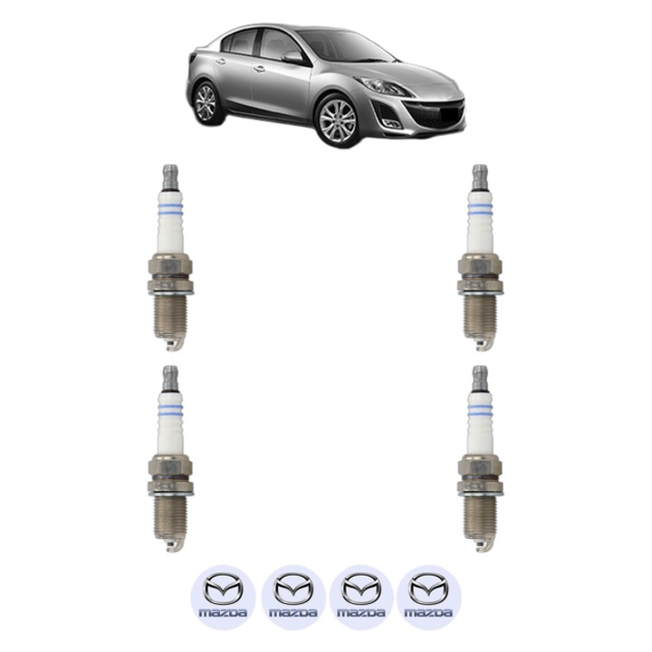 Set 4 Bujii Scanteie MAZDA 3 Saloon (BL) 1.6 MZR (BL12) 105 CP din 2008 - 2014, bujie motor, Bosch, 4x Stickere auto cu MAZDA