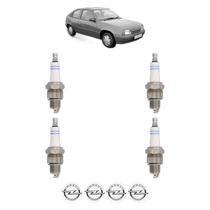 Set 4 Bujii Scanteie OPEL KADETT E Hatchback (T85) 1.2 (C08, C48, D08, D48) 55 CP din 1984 - 1986, bujie motor, Bosch, 4x Stickere auto cu OPEL