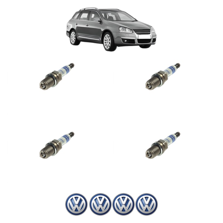 Set 4 Bujii Scanteie Volkswagen GOLF V Variant (1K5) 1.6 102 CP din 2007 - 2009, bujie motor, Bosch, 4x Stickere auto cu Volkswagen