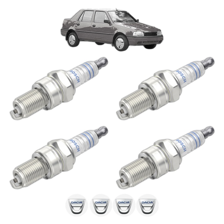 Set 4 Bujii Scanteie DACIA NOVA 1.6 72 CP din 1996 - 2003, bujie motor, Bosch, 4x Stickere auto cu DACIA