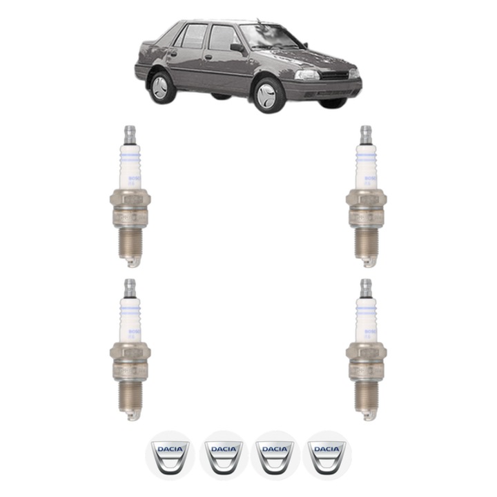 Set 4 Bujii Scanteie DACIA NOVA 1.6 72 CP din 1996 - 2003, bujie motor, Bosch, 4x Stickere auto cu DACIA