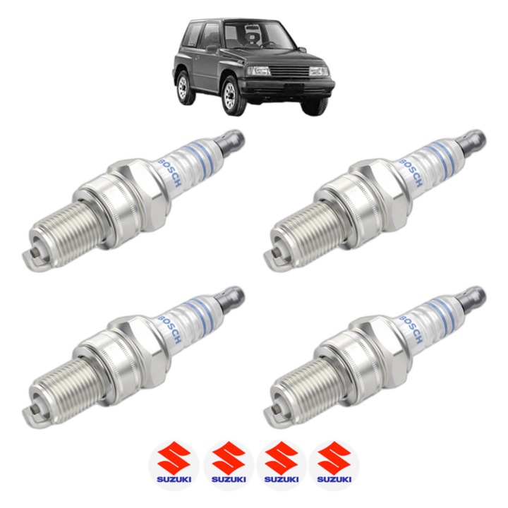 Set 4 Bujii Scanteie SUZUKI VITARA (ET, TA, TD) 1.6 All-wheel Drive (SE416, TA01) 82 CP din 1988 - 1995, bujie motor, Bosch, 4x Stickere auto cu SUZUKI