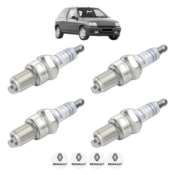 Set 4 Bujii Scanteie RENAULT CLIO I Hatchback Van (S57_) 1.2 54 CP din 1994 - 1998, bujie motor, Bosch, 4x Stickere auto cu RENAULT