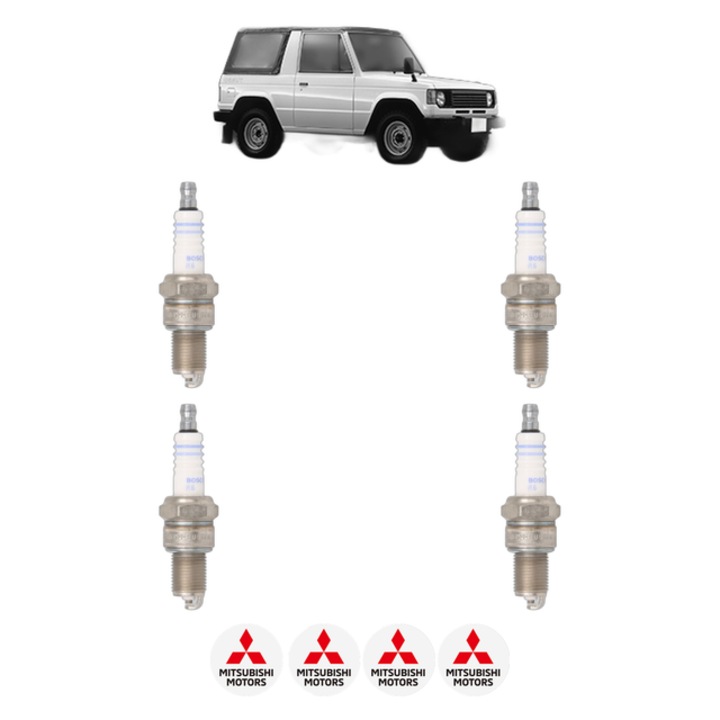Set 4 Bujii Scanteie MITSUBISHI PAJERO I Canvas Top (L04_G) 2.6 (L042G, L047G) 103 CP din 1983 - 1990, bujie motor, Bosch, 4x Stickere auto cu MITSUBISHI