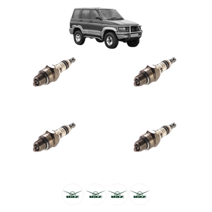 Set 4 Bujii Scanteie UAZ 3160 Closed Off-Road Vehicle 2.9 i 120 CP din 1994 - 2003, bujie motor, Bosch, 4x Stickere auto cu UAZ