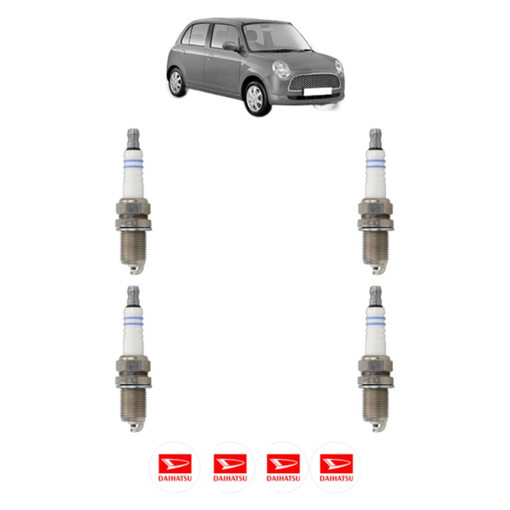 Set 4 Bujii Scanteie DAIHATSU TREVIS 1 58 CP din 2006, bujie motor, Bosch, 4x Stickere auto cu DAIHATSU
