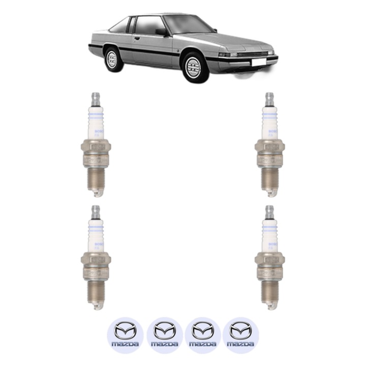 Set 4 Bujii Scanteie MAZDA 929 II Coupe (HB) 2.0 (HBSH) 90 CP din 1982 - 1984, bujie motor, Bosch, 4x Stickere auto cu MAZDA