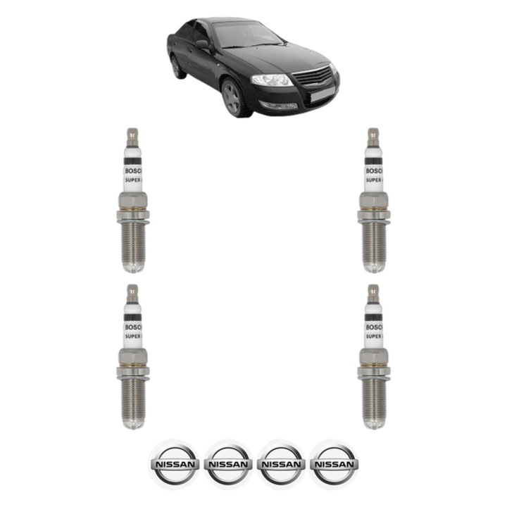 Set 4 Bujii Scanteie NISSAN ALMERA Classic (B10) 1.6 16V 107 CP din 2006, bujie motor, Bosch, 4x Stickere auto cu NISSAN