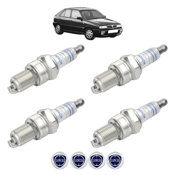 Set 4 Bujii Scanteie LANCIA DELTA II (836_) 2.0 16V Turbo (836AB) 186 CP din 1993 - 1999, bujie motor, Bosch, 4x Stickere auto cu LANCIA