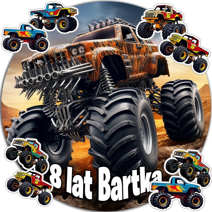 Вафлена торта 20см, WORLD CASE, рожденденска украса Monster Truck, опция за персонализиране на име, годна за консумация