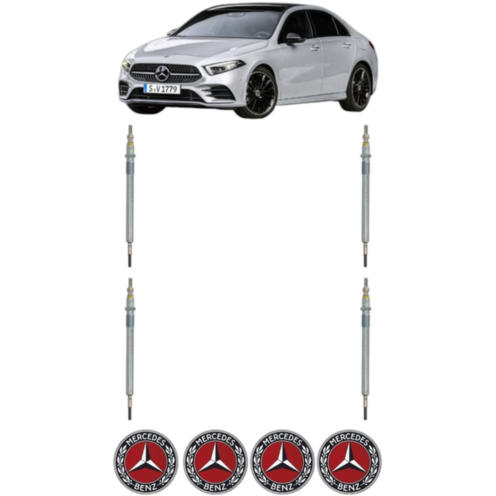 Set 4 Bujii Incandescente MERCEDES-BENZ A-CLASS Saloon (V177) A 200 d (177.112) CP 150 din 2019, Bujie motor, Bosch, 4x Stickere auto cu MERCEDES-BENZ